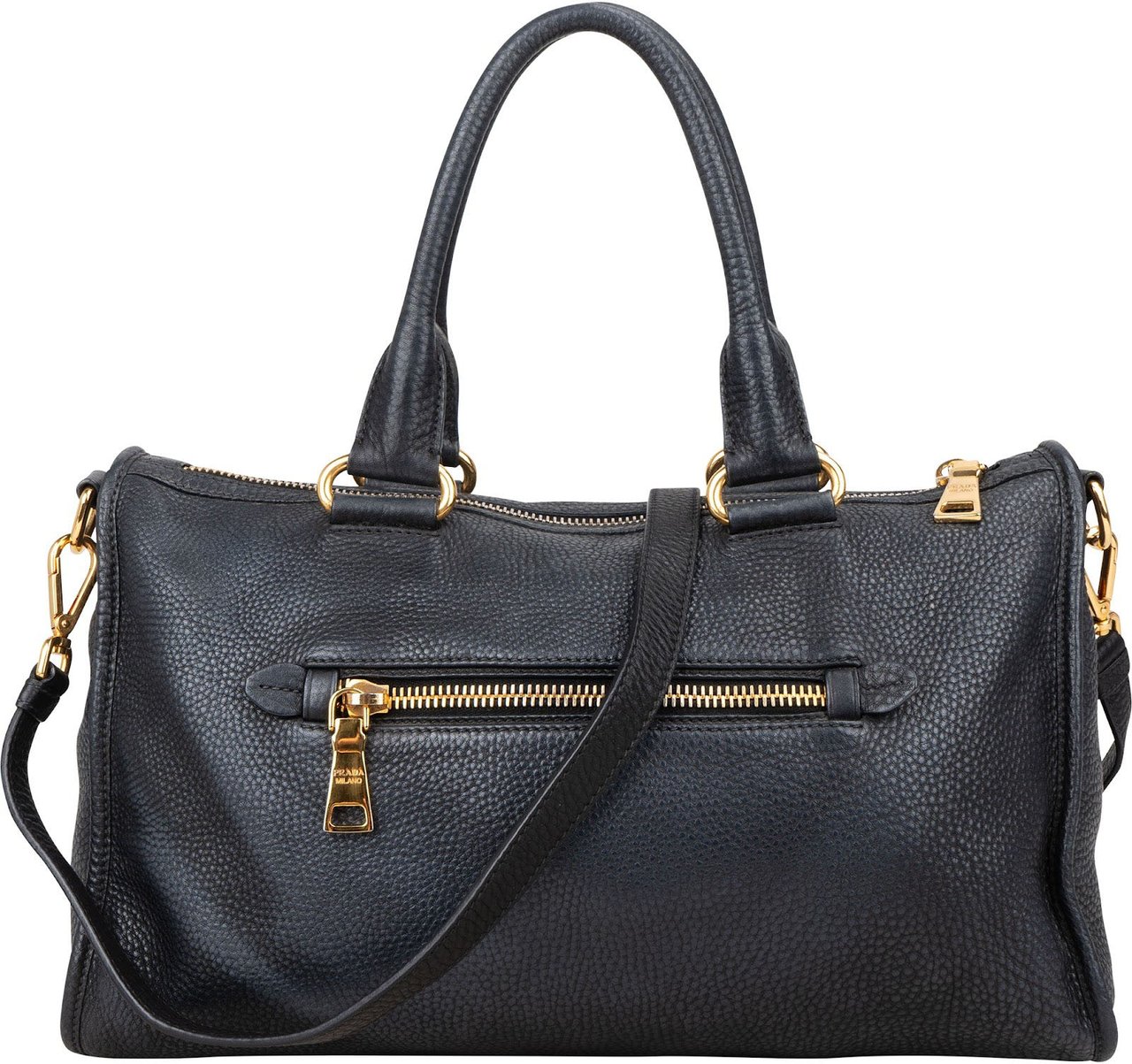 Prada Prada Black Leather Vitello Daino Handbag Zwart