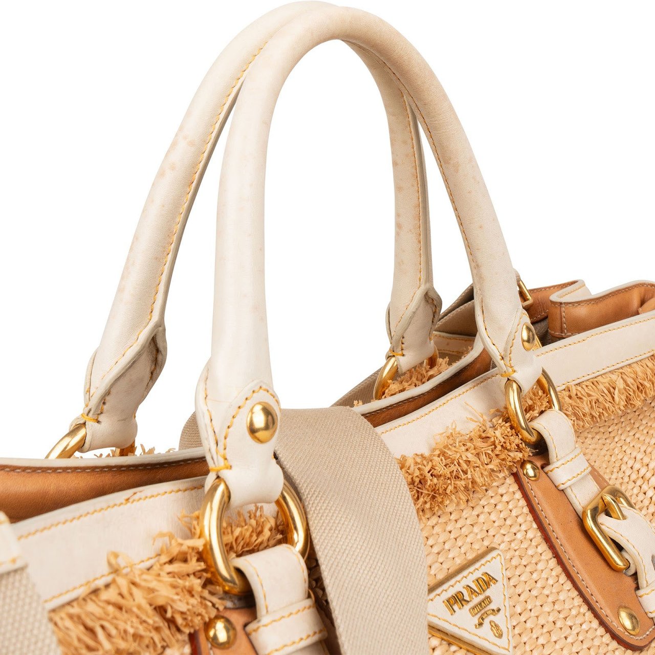 Prada Prada Raffia and Leather Studded Handbag Beige