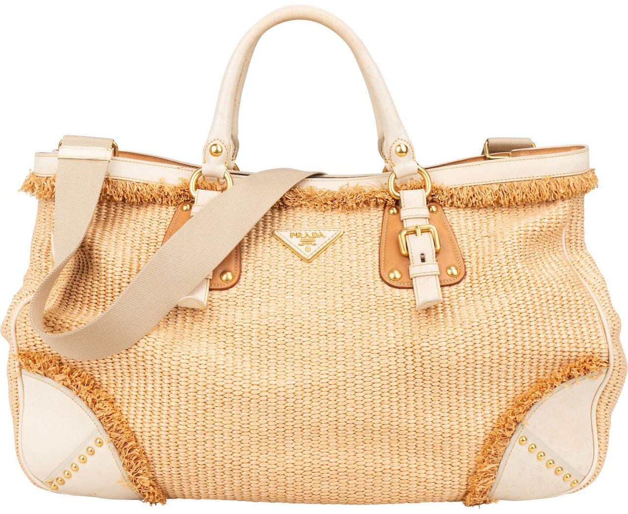 Prada Prada Raffia and Leather Studded Handbag Beige