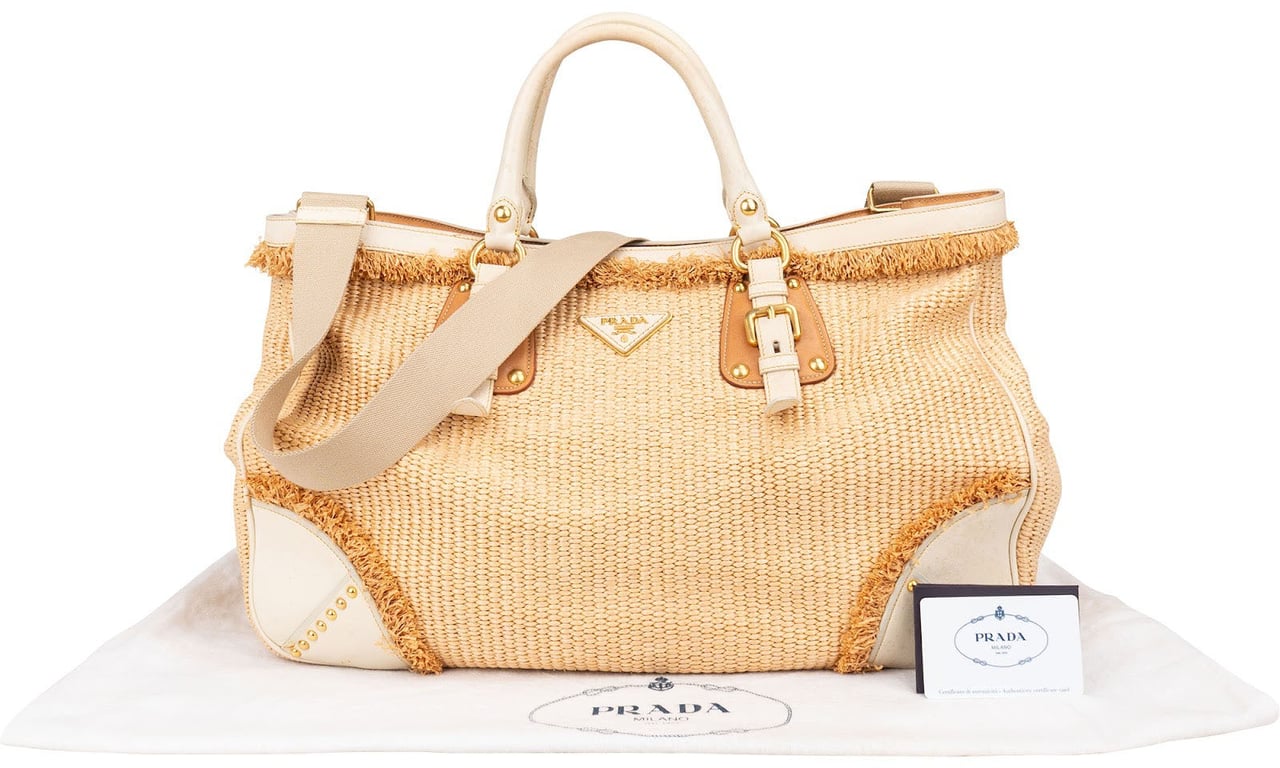 Prada Prada Raffia and Leather Studded Handbag Beige