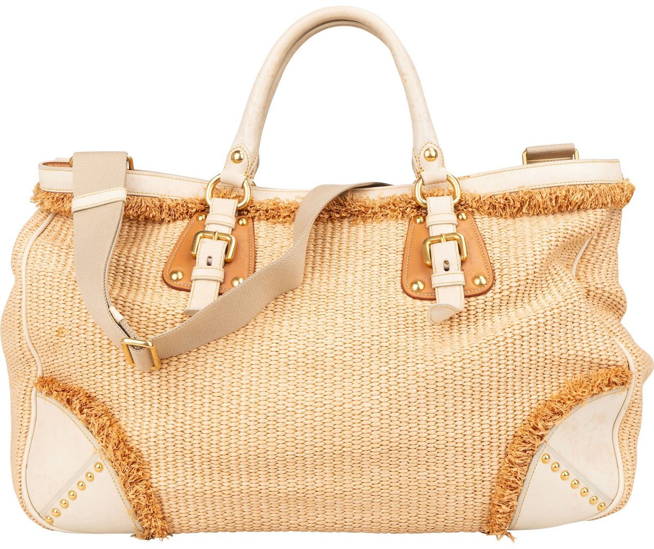 Prada Prada Raffia and Leather Studded Handbag Beige