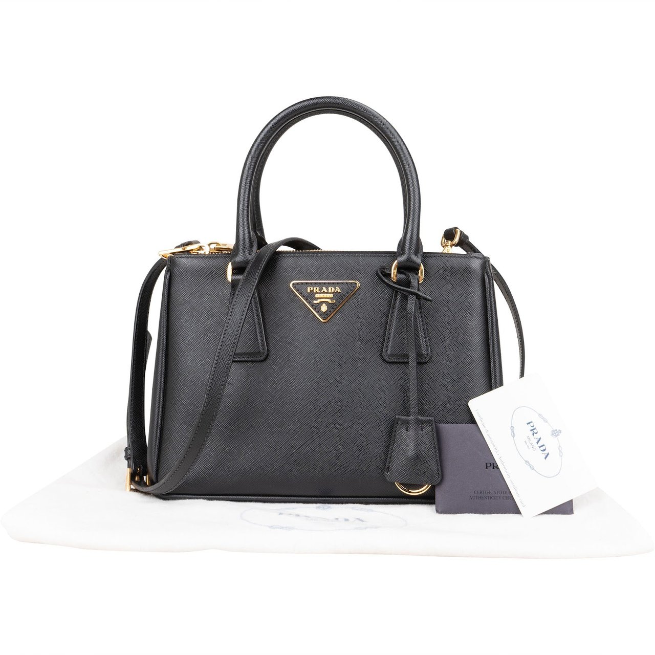 Prada Saffiano Leather Small Galleria Double ZIP Handbag Zwart