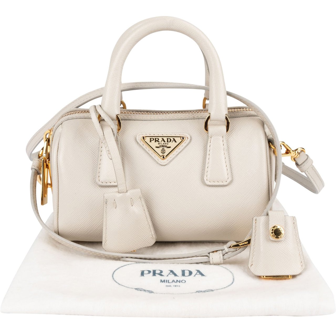 Prada Saffiano Leather Mini Bowling Crossbody Handbag Wit