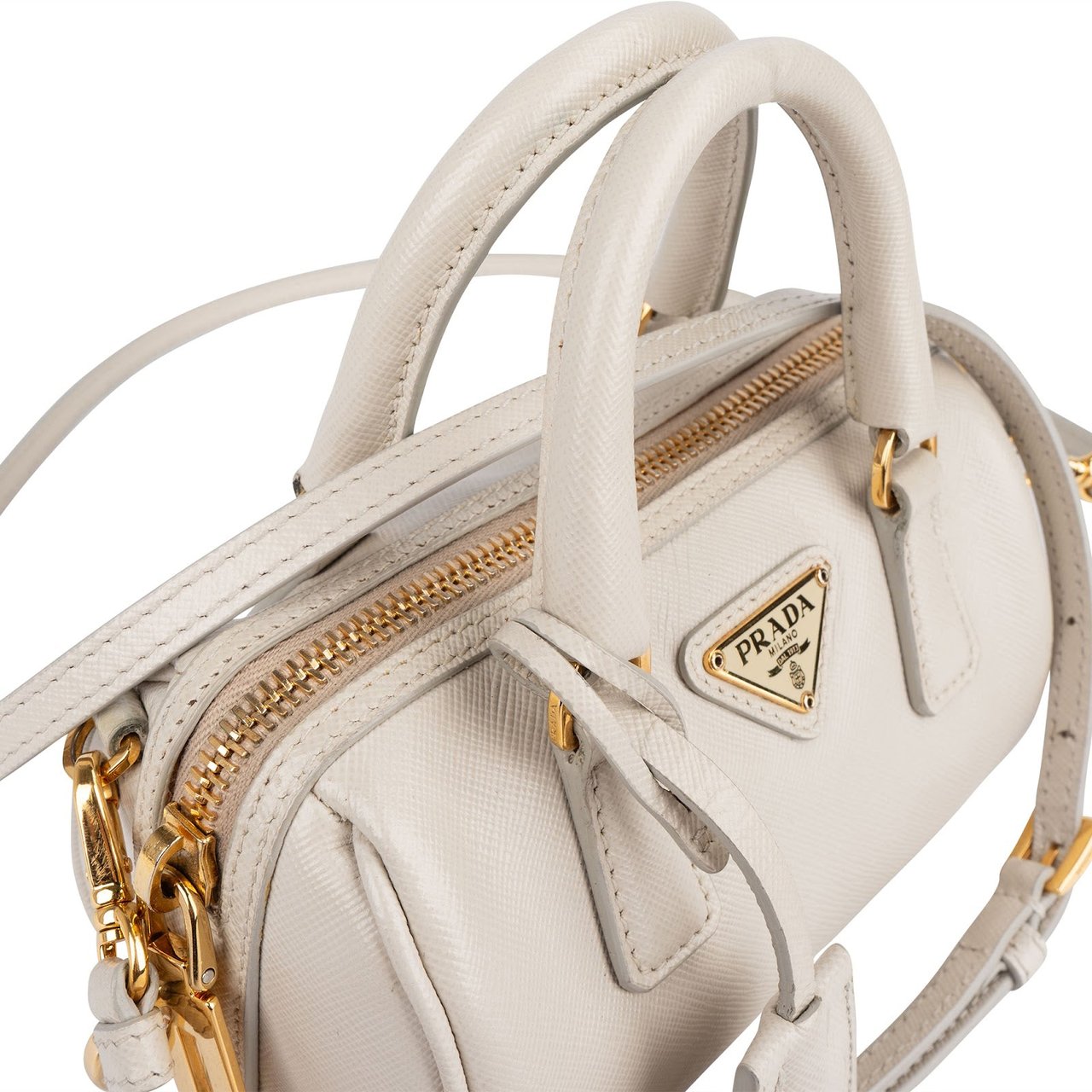 Prada Saffiano Leather Mini Bowling Crossbody Handbag Wit