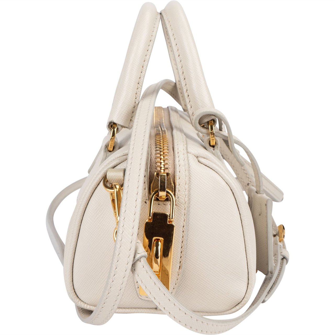 Prada Saffiano Leather Mini Bowling Crossbody Handbag Wit