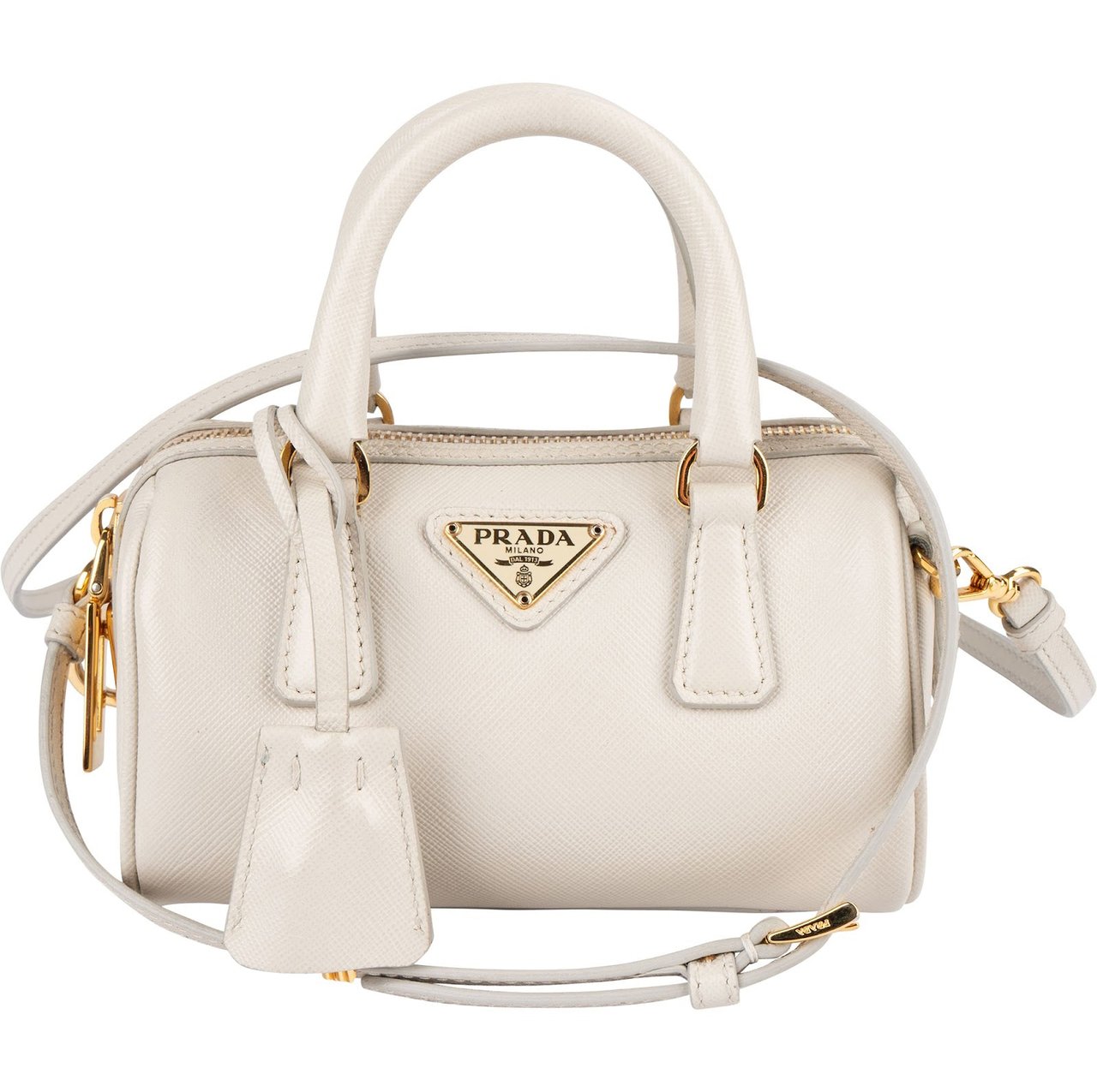 Prada Saffiano Leather Mini Bowling Crossbody Handbag Wit