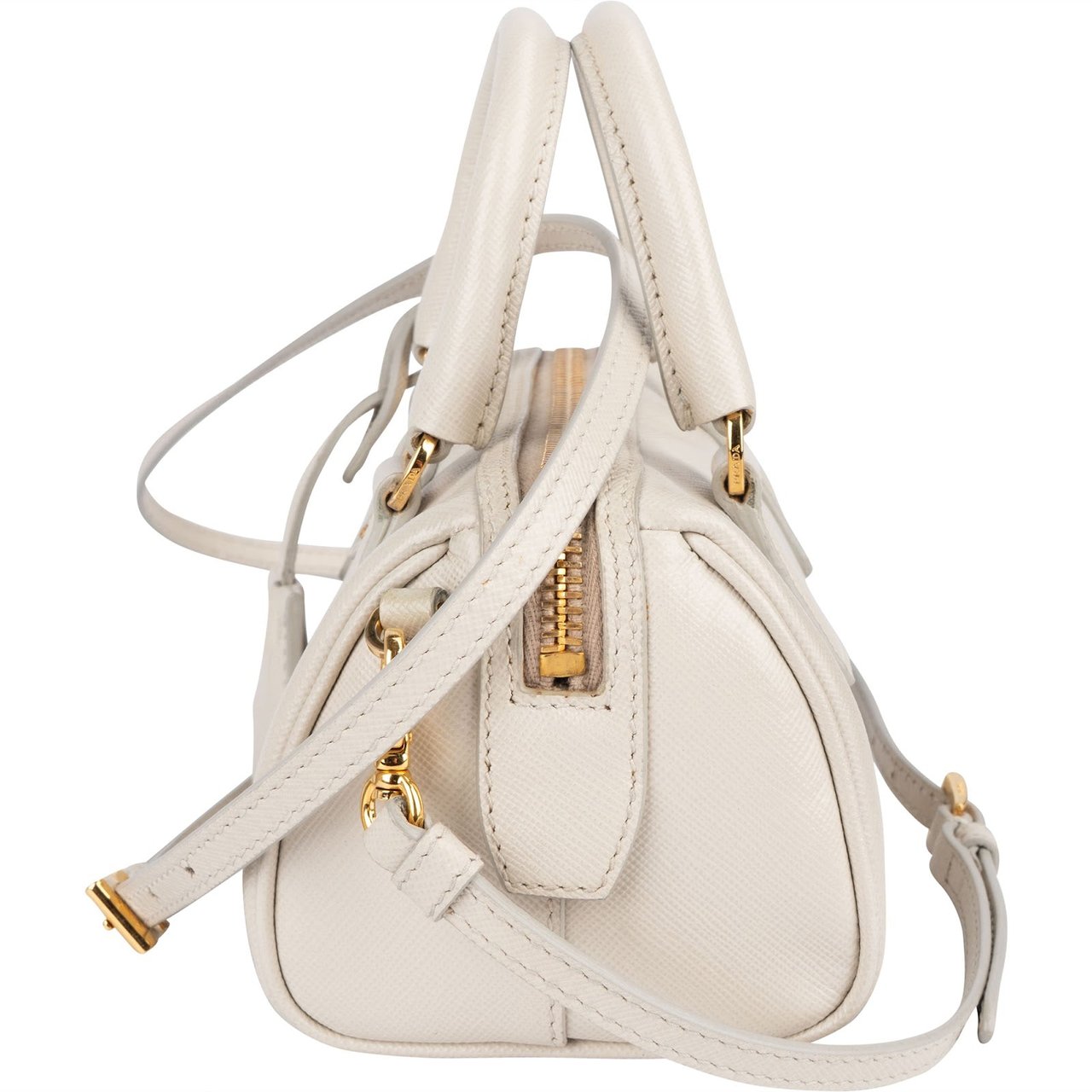 Prada Saffiano Leather Mini Bowling Crossbody Handbag Wit