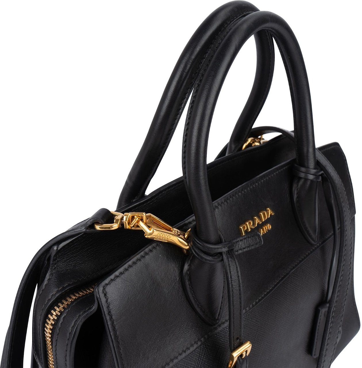 Prada Saffiano City Calf Leather Esplanade Handbag Zwart