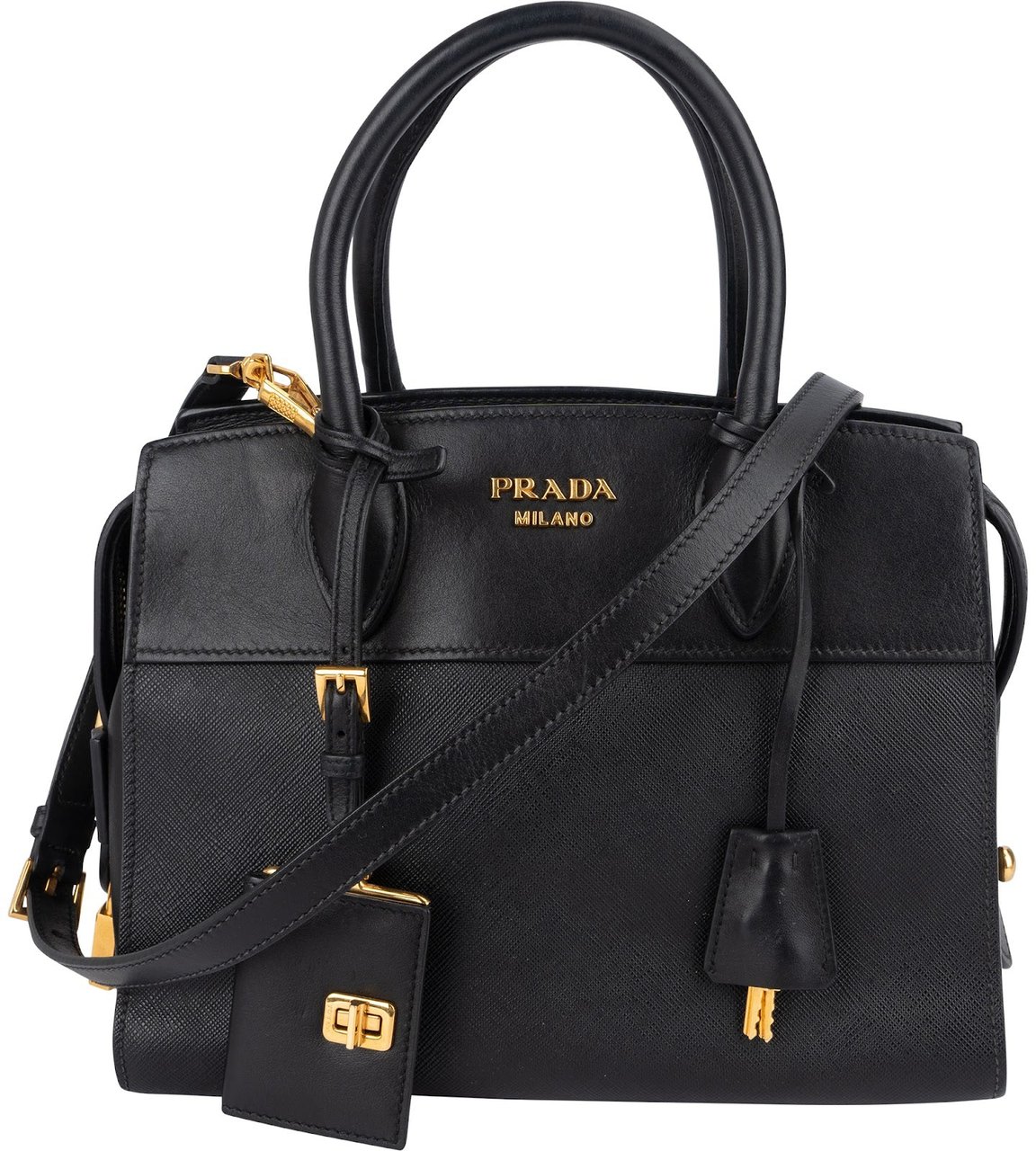 Prada Saffiano City Calf Leather Esplanade Handbag Zwart