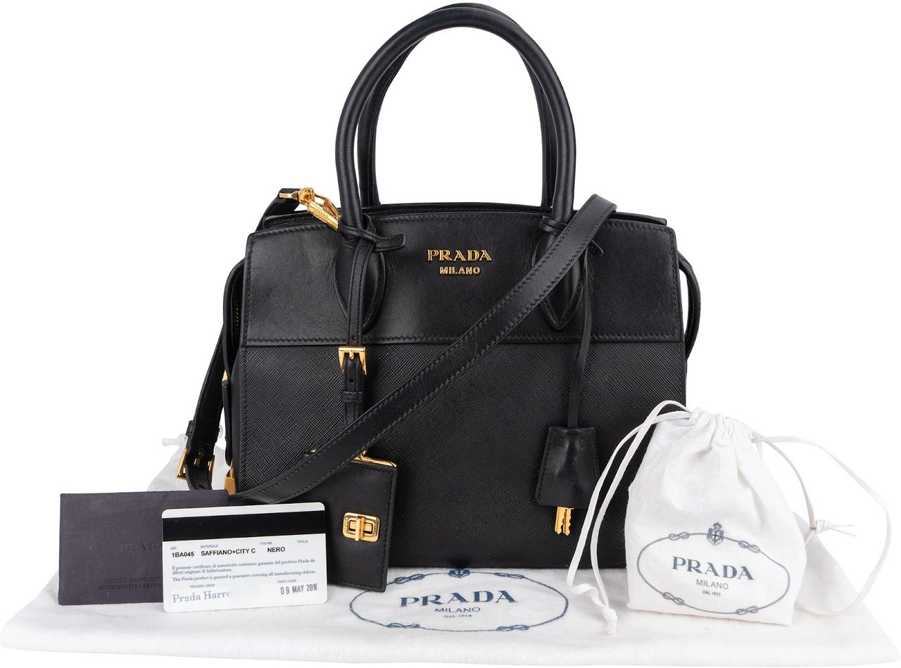 Prada Saffiano City Calf Leather Esplanade Handbag Zwart