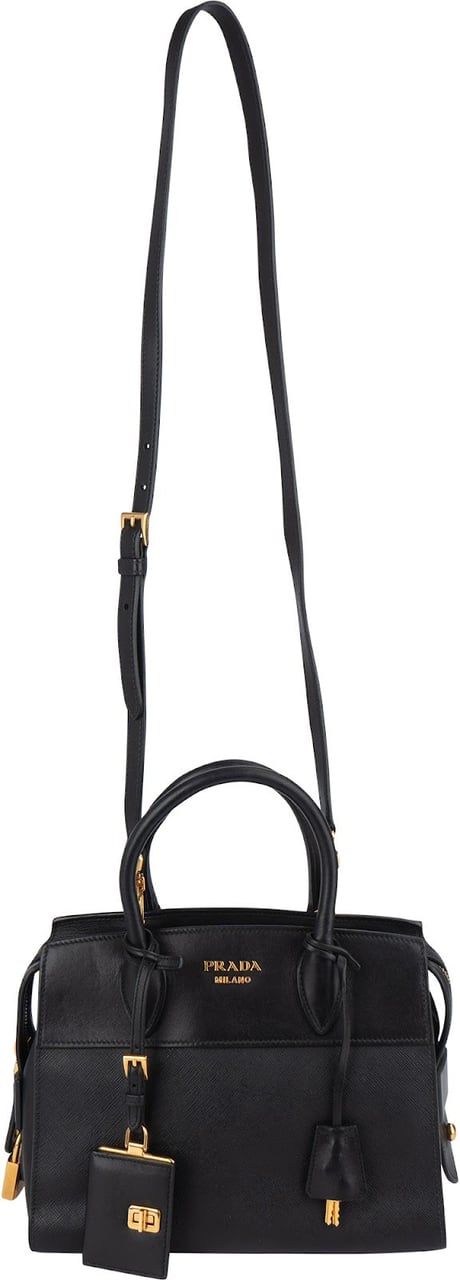 Prada Saffiano City Calf Leather Esplanade Handbag Zwart