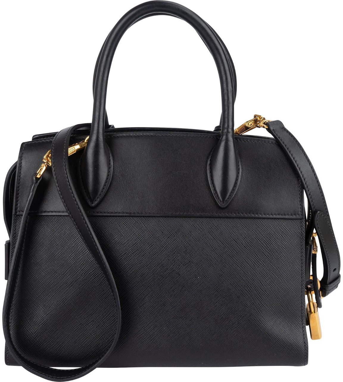Prada Saffiano City Calf Leather Esplanade Handbag Zwart