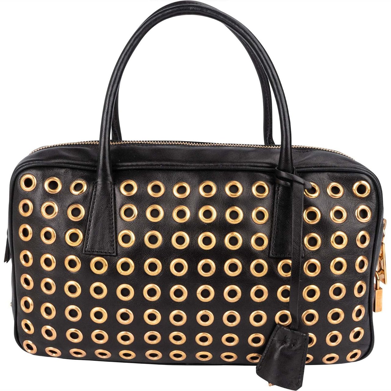 Prada Black Calf Leather Metal Grommet Bauletto Handbag Zwart