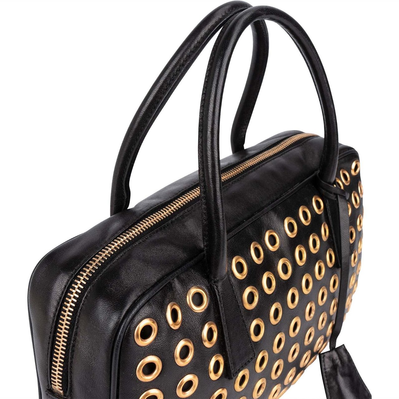Prada Black Calf Leather Metal Grommet Bauletto Handbag Zwart