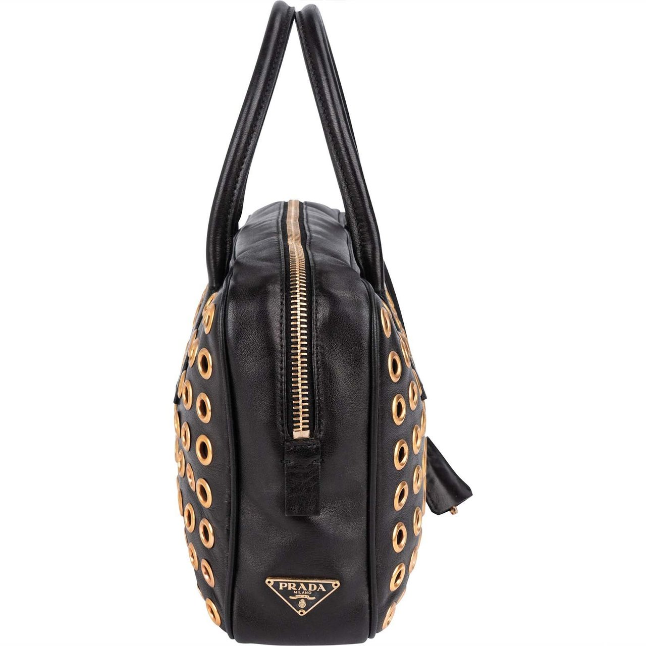 Prada Black Calf Leather Metal Grommet Bauletto Handbag Zwart