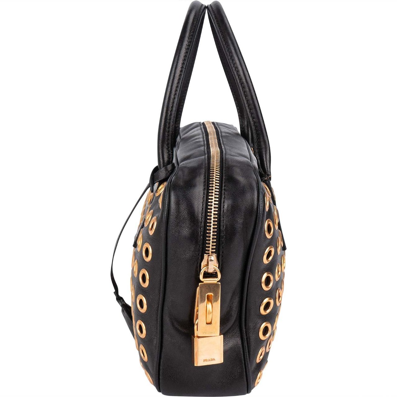 Prada Black Calf Leather Metal Grommet Bauletto Handbag Zwart