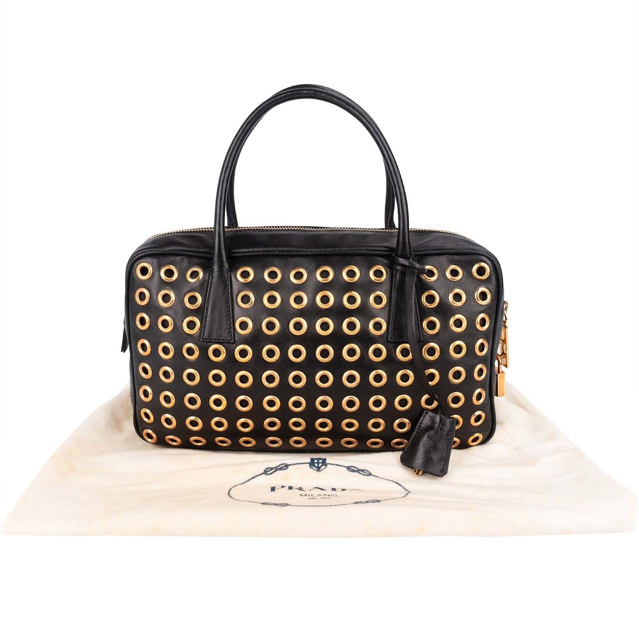 Prada Black Calf Leather Metal Grommet Bauletto Handbag Zwart
