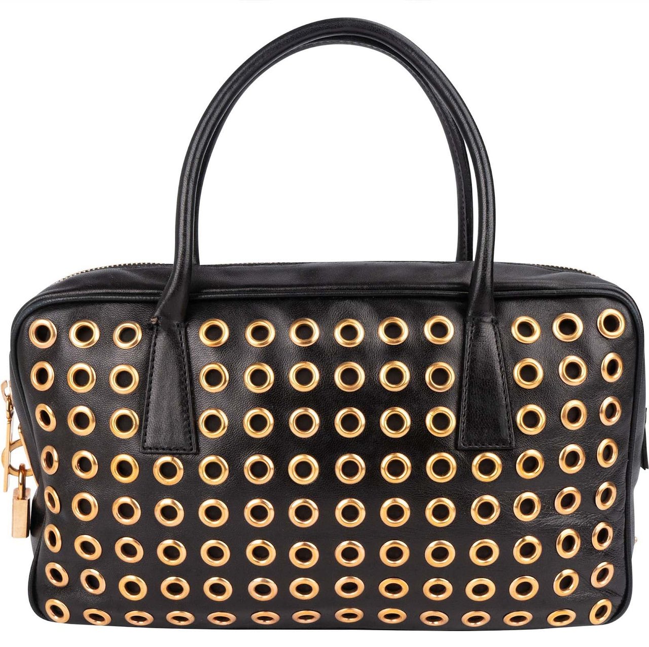 Prada Black Calf Leather Metal Grommet Bauletto Handbag Zwart