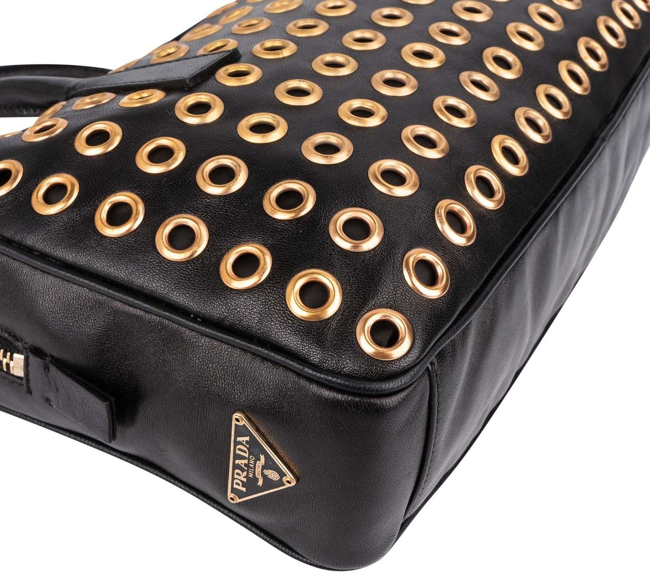 Prada Black Calf Leather Metal Grommet Bauletto Handbag Zwart