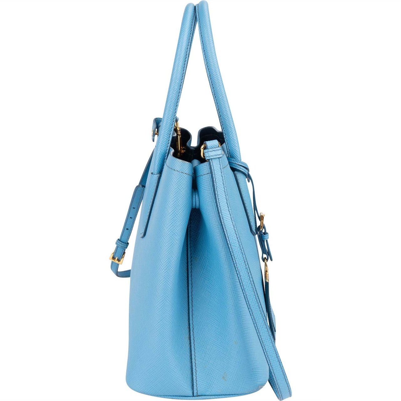 Prada Saffiano Leather Small Double Handbag Lichtblauw
