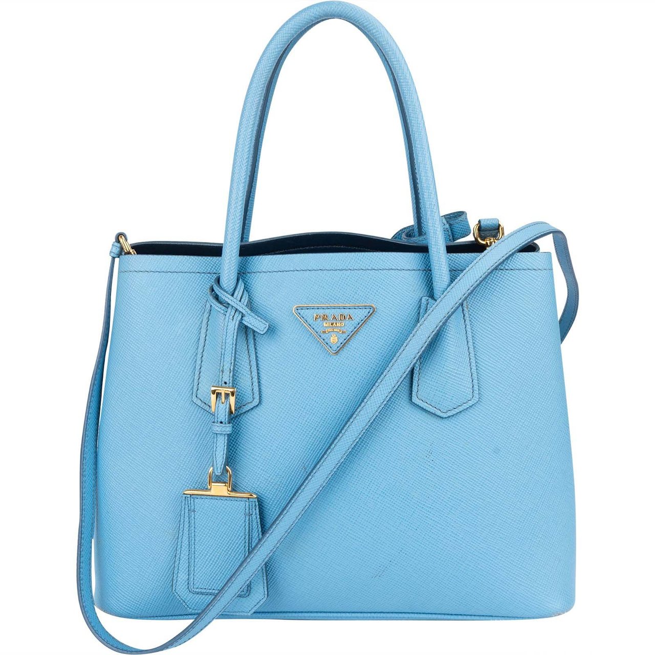 Prada Saffiano Leather Small Double Handbag Lichtblauw