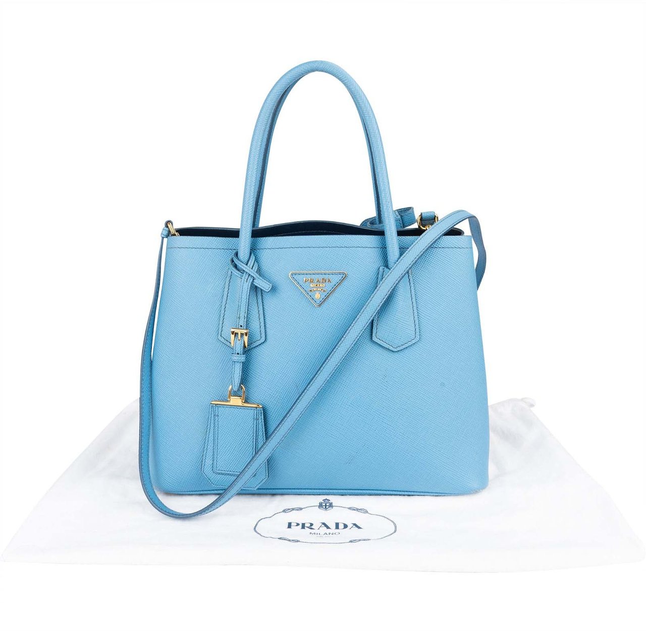 Prada Saffiano Leather Small Double Handbag Lichtblauw