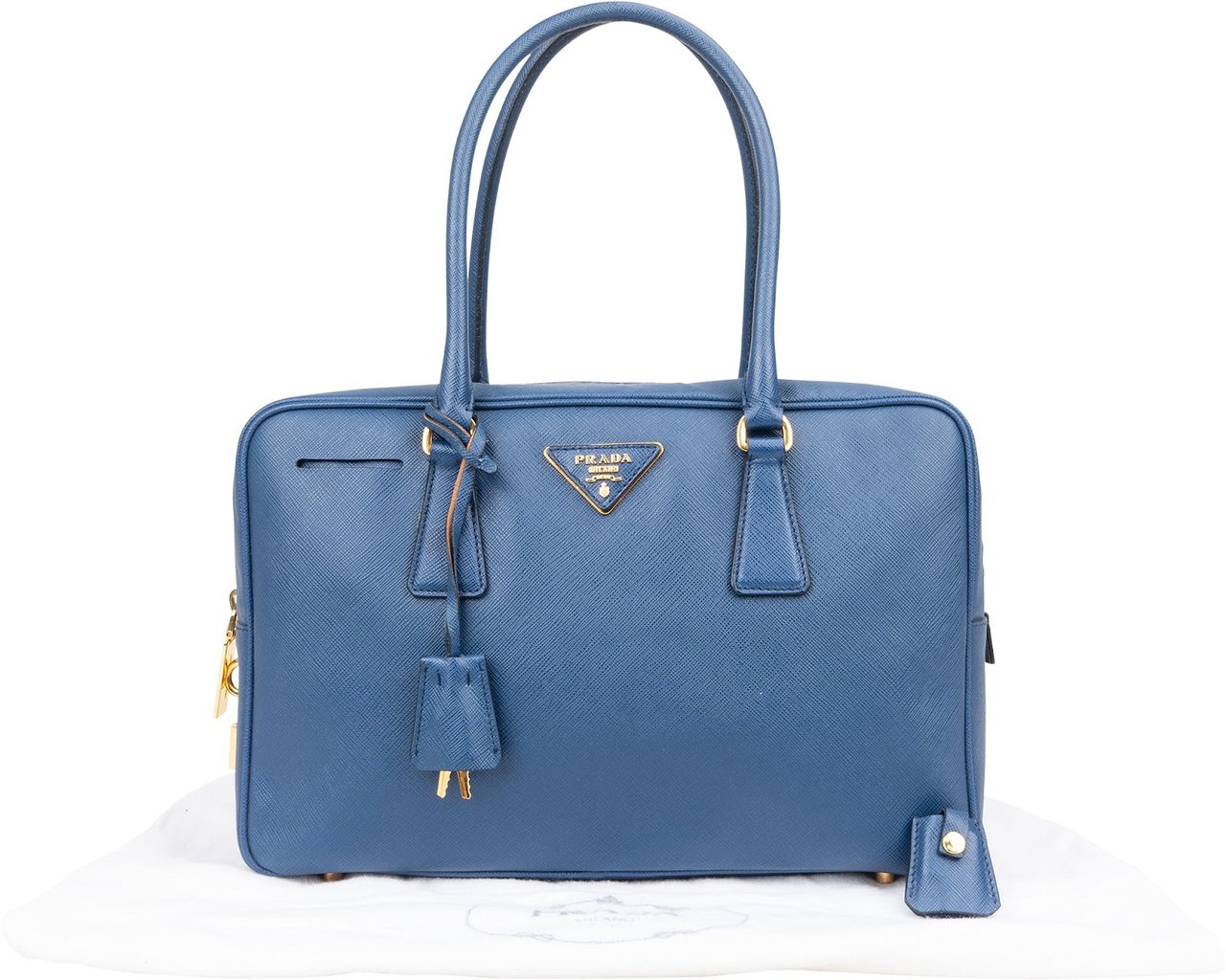 Prada Saffiano Leather Bauletto Satchel Handbag Blauw
