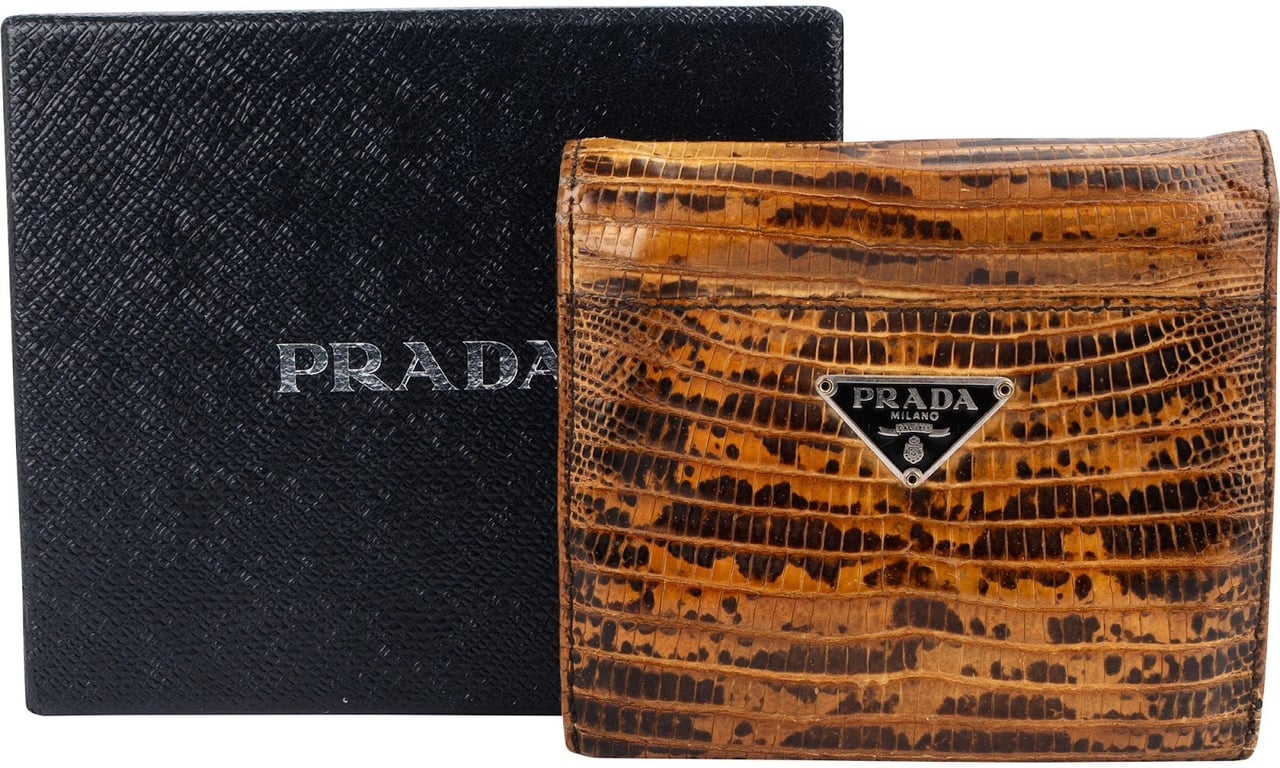 Prada Prada Lizard Leather Triangle Bifold Wallet Bruin