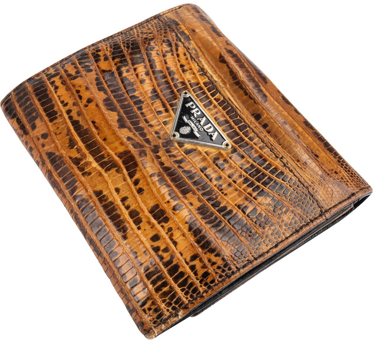 Prada Prada Lizard Leather Triangle Bifold Wallet Bruin