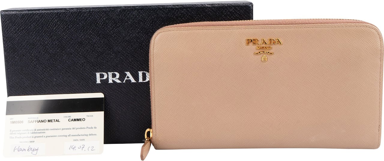 Prada Saffiano Leather Zip Around Wallet Beige