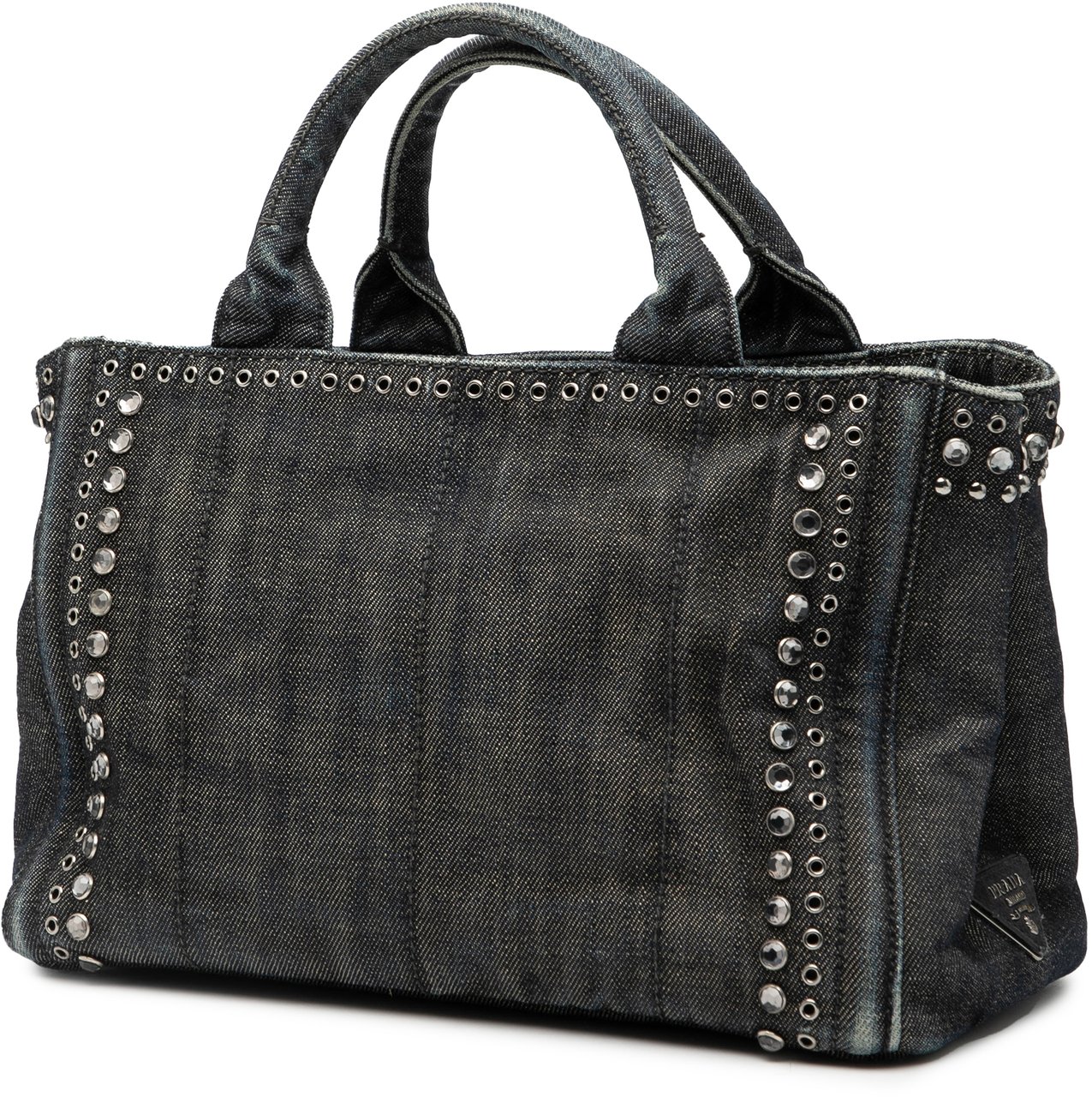 Prada Small Denim Canapa Bijoux and Grommet Satchel Blauw