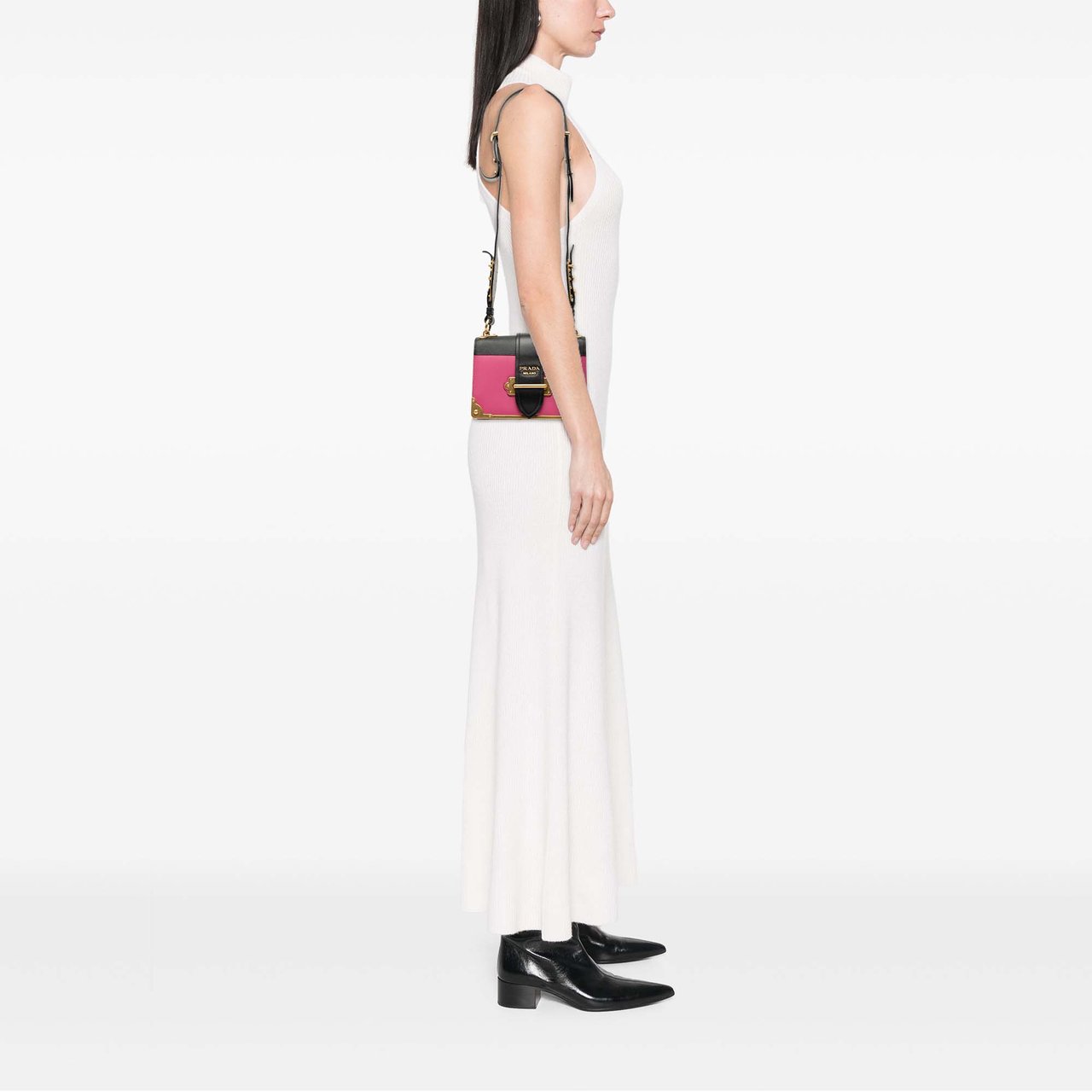 Prada Saffiano Trimmed City Calf Cahier Crossbody Roze