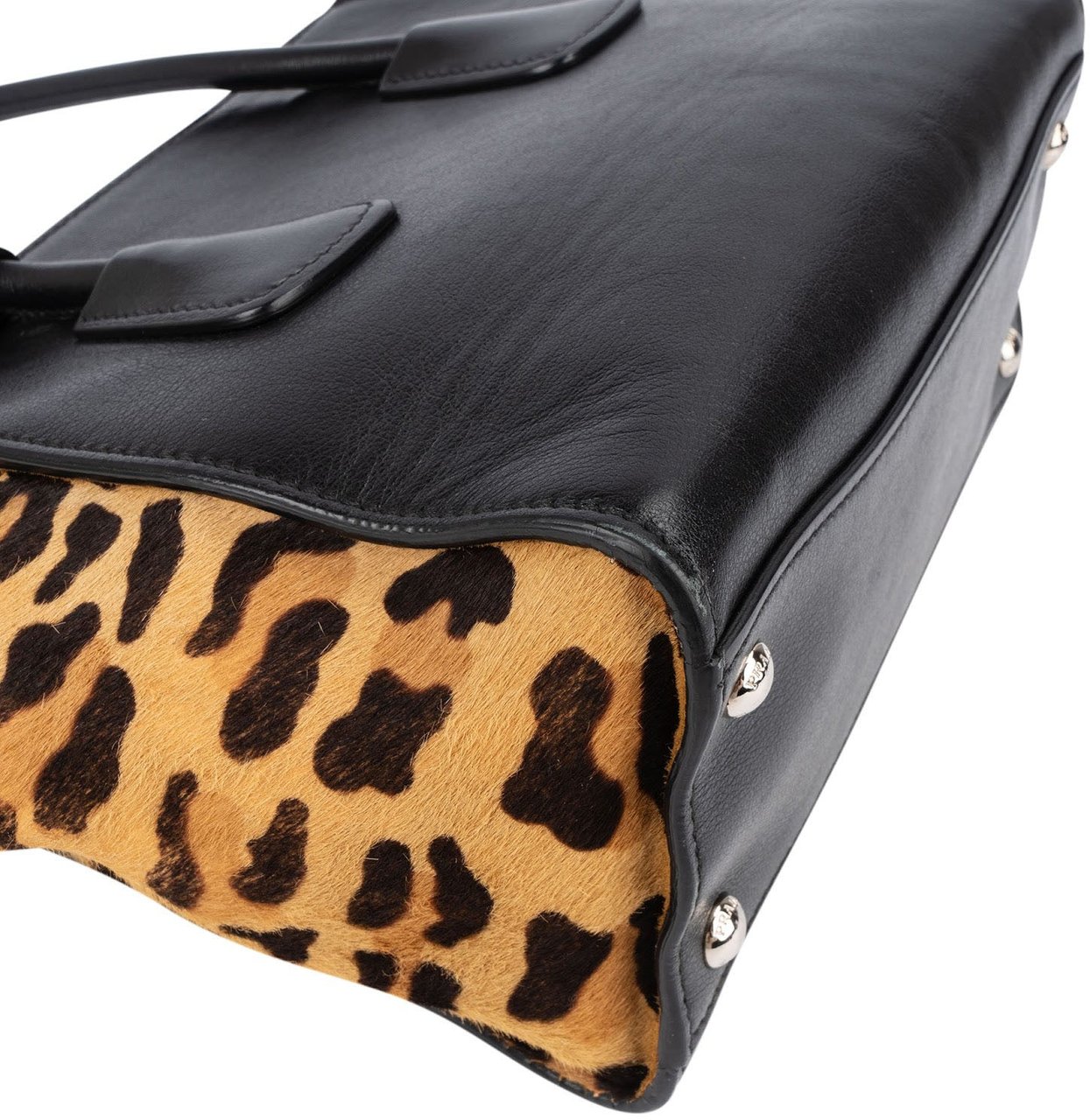 Prada Calf Leather Animal Hair Bibliothèque Handbag Zwart