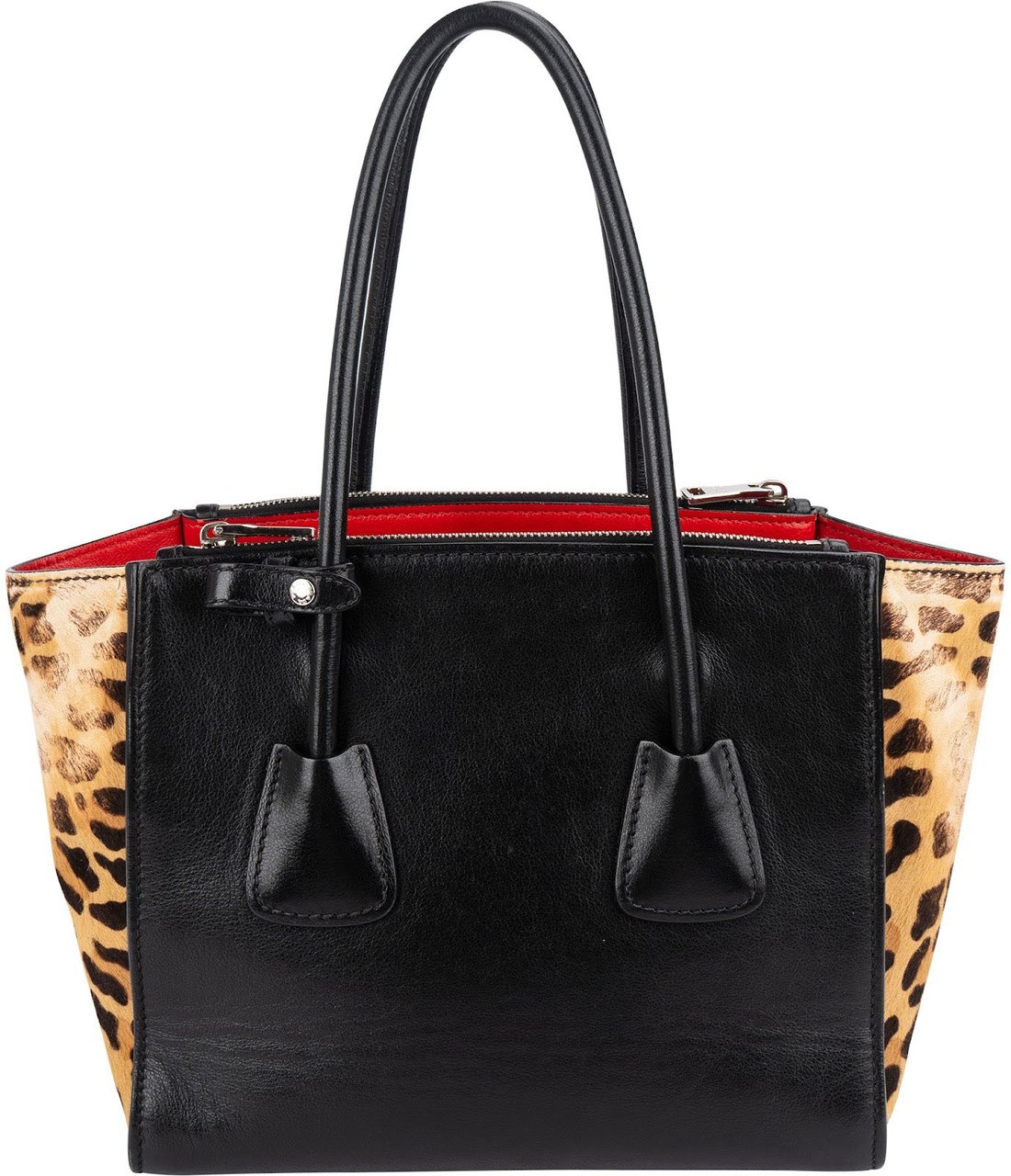 Prada Calf Leather Animal Hair Bibliothèque Handbag Zwart