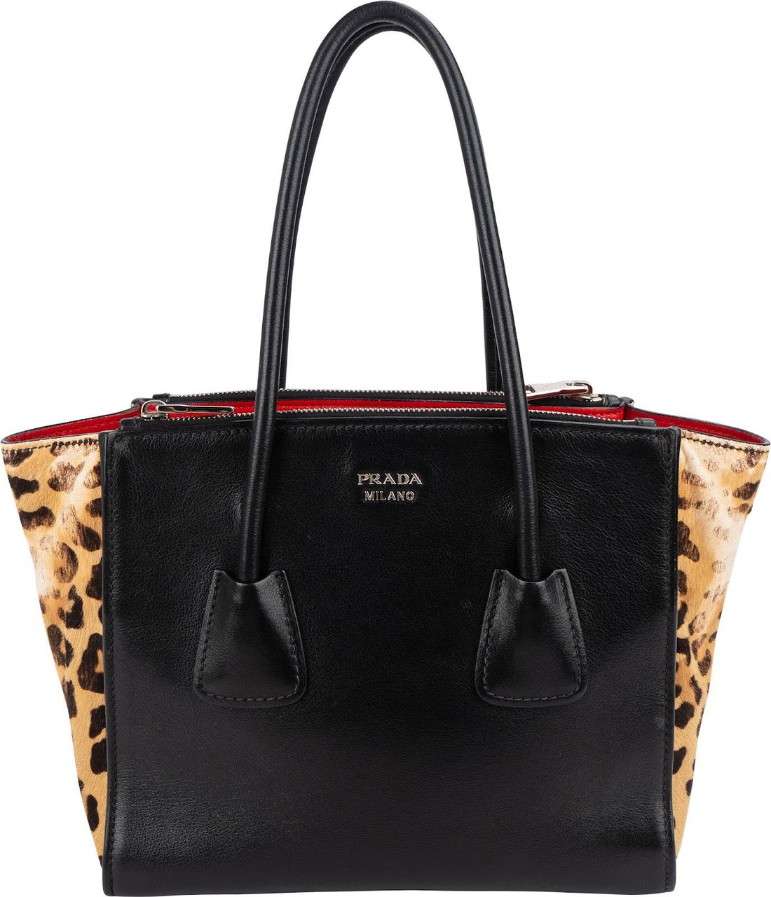 Prada Calf Leather Animal Hair Bibliothèque Handbag Zwart