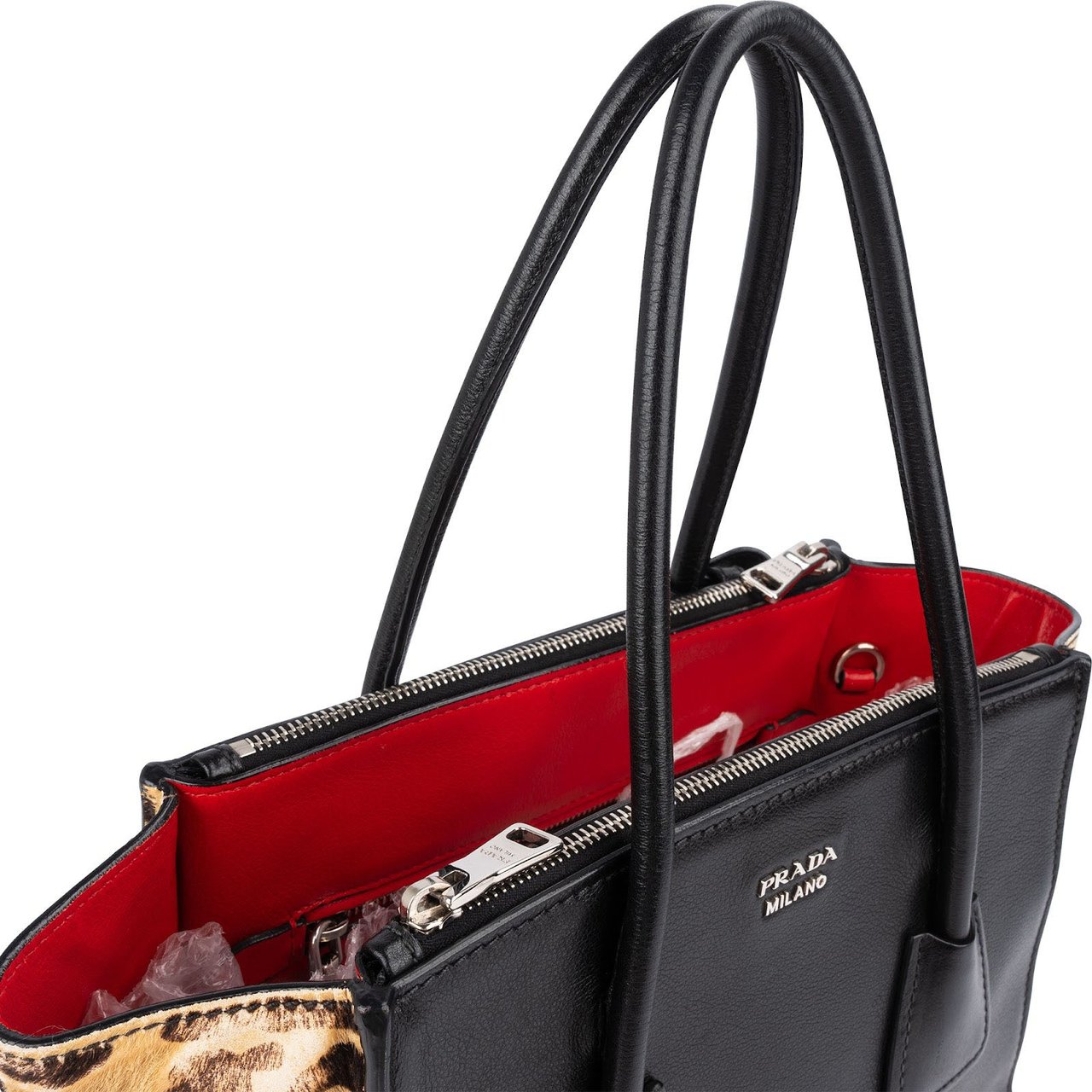 Prada Calf Leather Animal Hair Bibliothèque Handbag Zwart