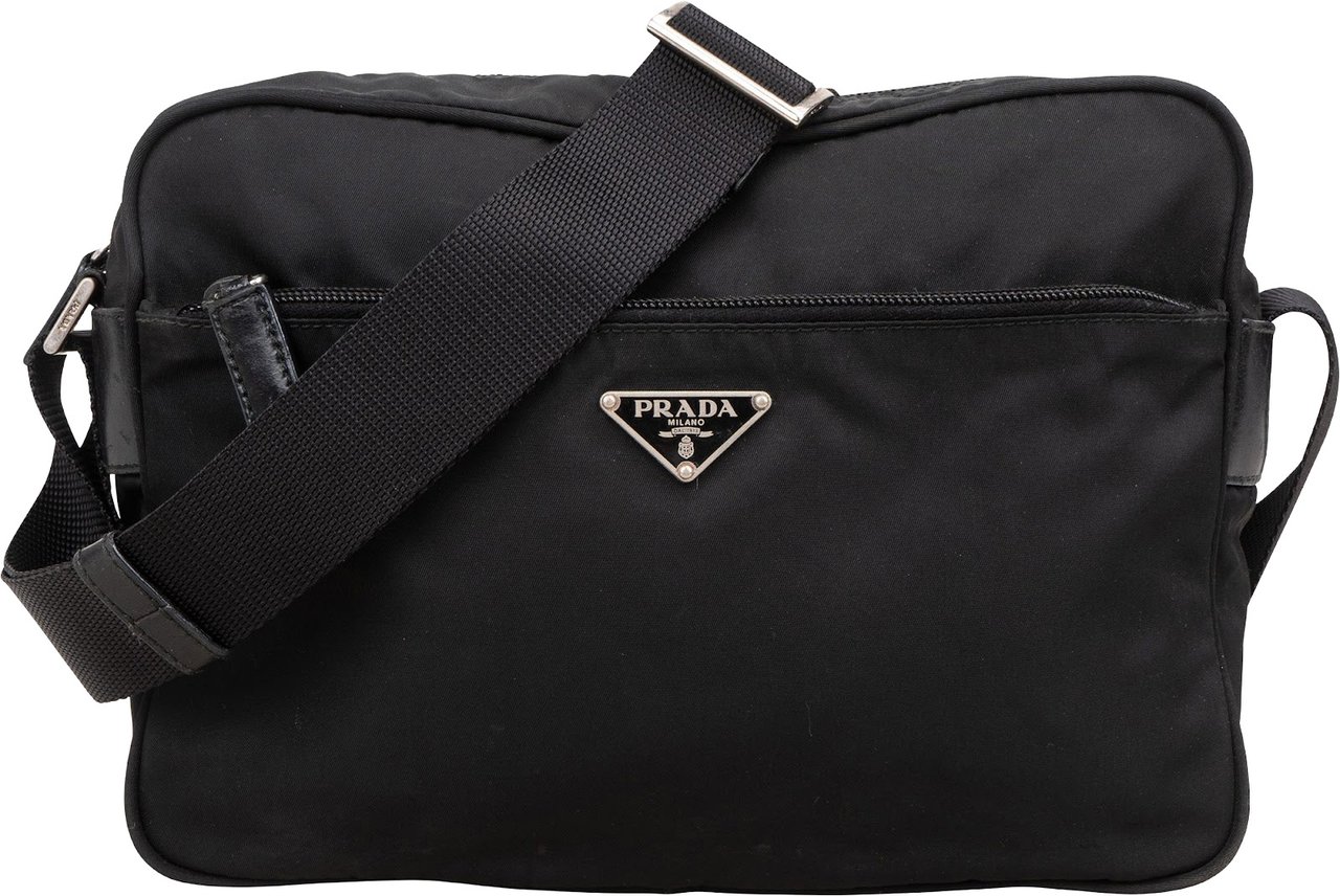 Prada Prada Nylon Triangle Messenger Crossbody Bag Zwart