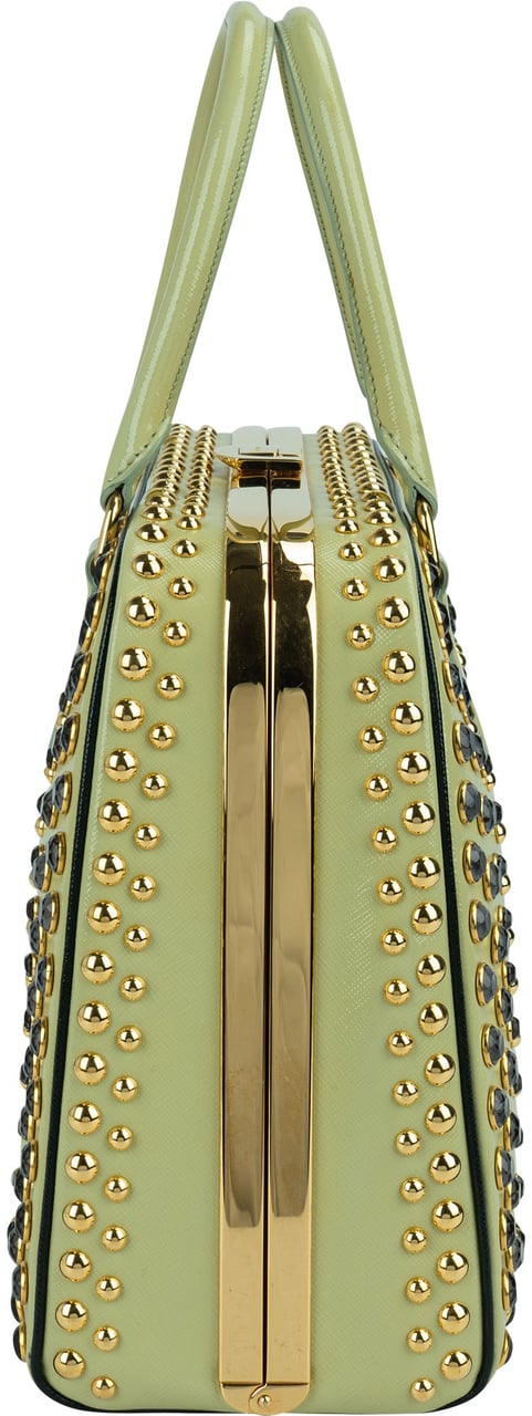 Prada Saffiano Vernic Leather Pyramid Frame Crystal Studded Promenade Handbag Geel