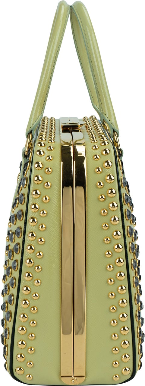 Prada Saffiano Vernic Leather Pyramid Frame Crystal Studded Promenade Handbag Geel