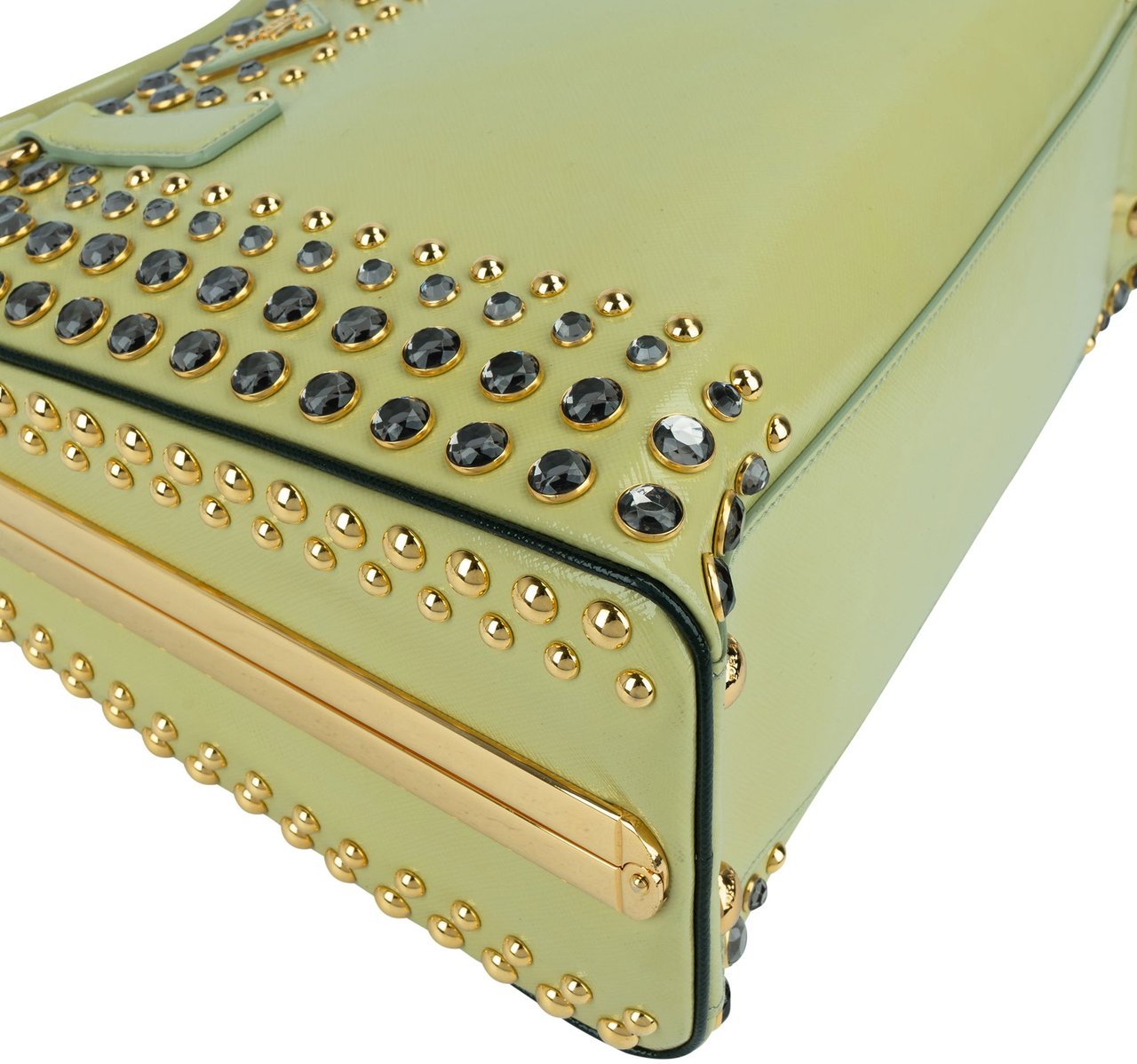 Prada Saffiano Vernic Leather Pyramid Frame Crystal Studded Promenade Handbag Geel
