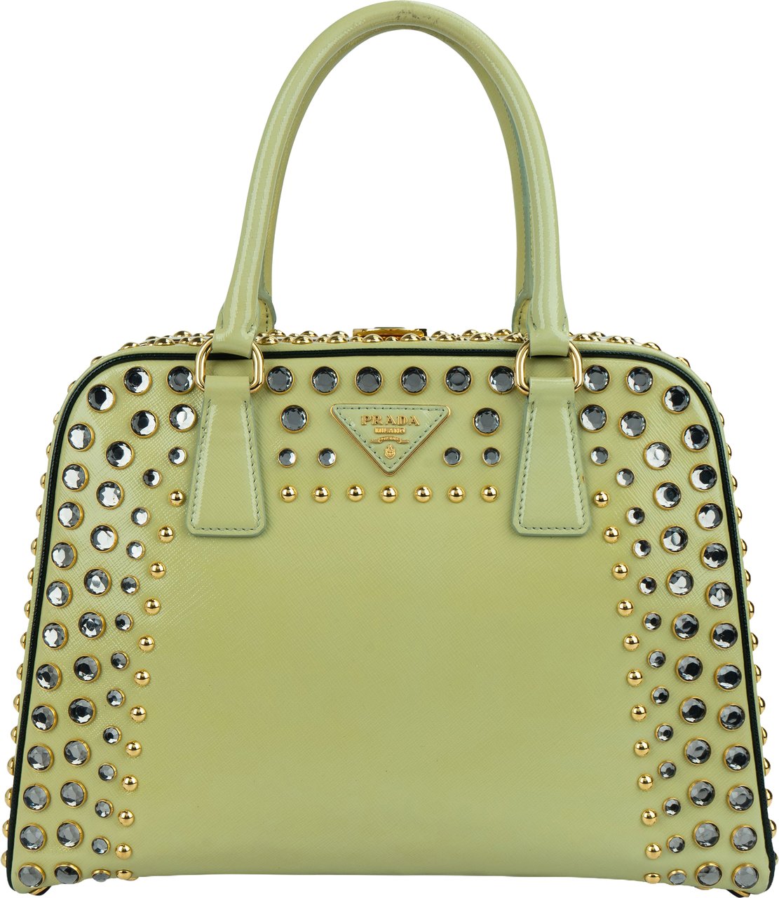 Prada Saffiano Vernic Leather Pyramid Frame Crystal Studded Promenade Handbag Geel