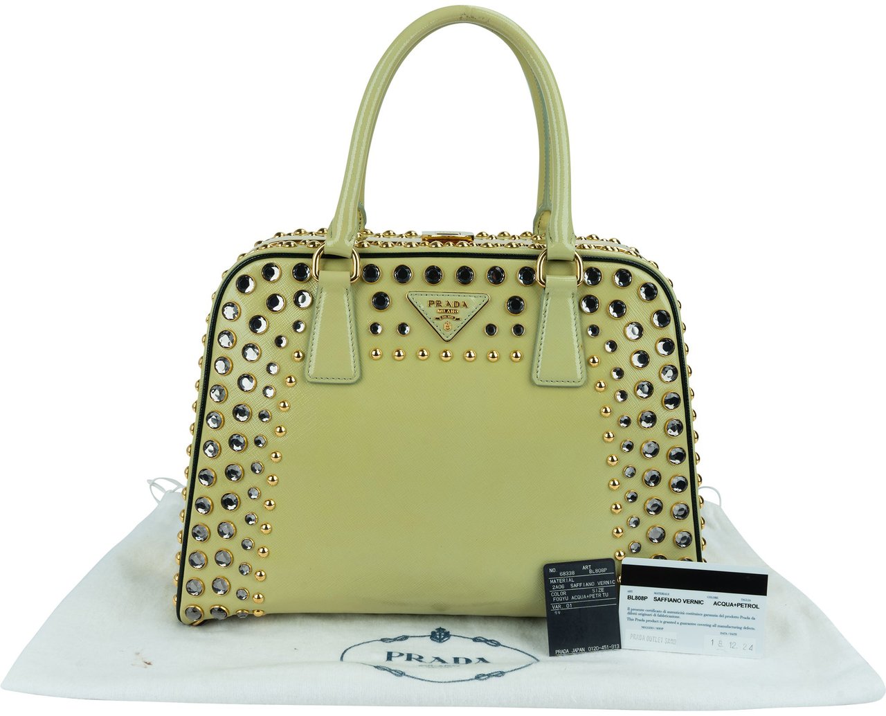 Prada Saffiano Vernic Leather Pyramid Frame Crystal Studded Promenade Handbag Geel