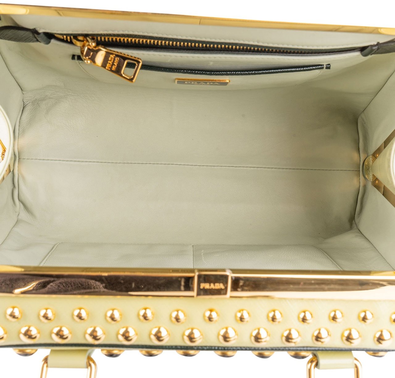 Prada Saffiano Vernic Leather Pyramid Frame Crystal Studded Promenade Handbag Geel