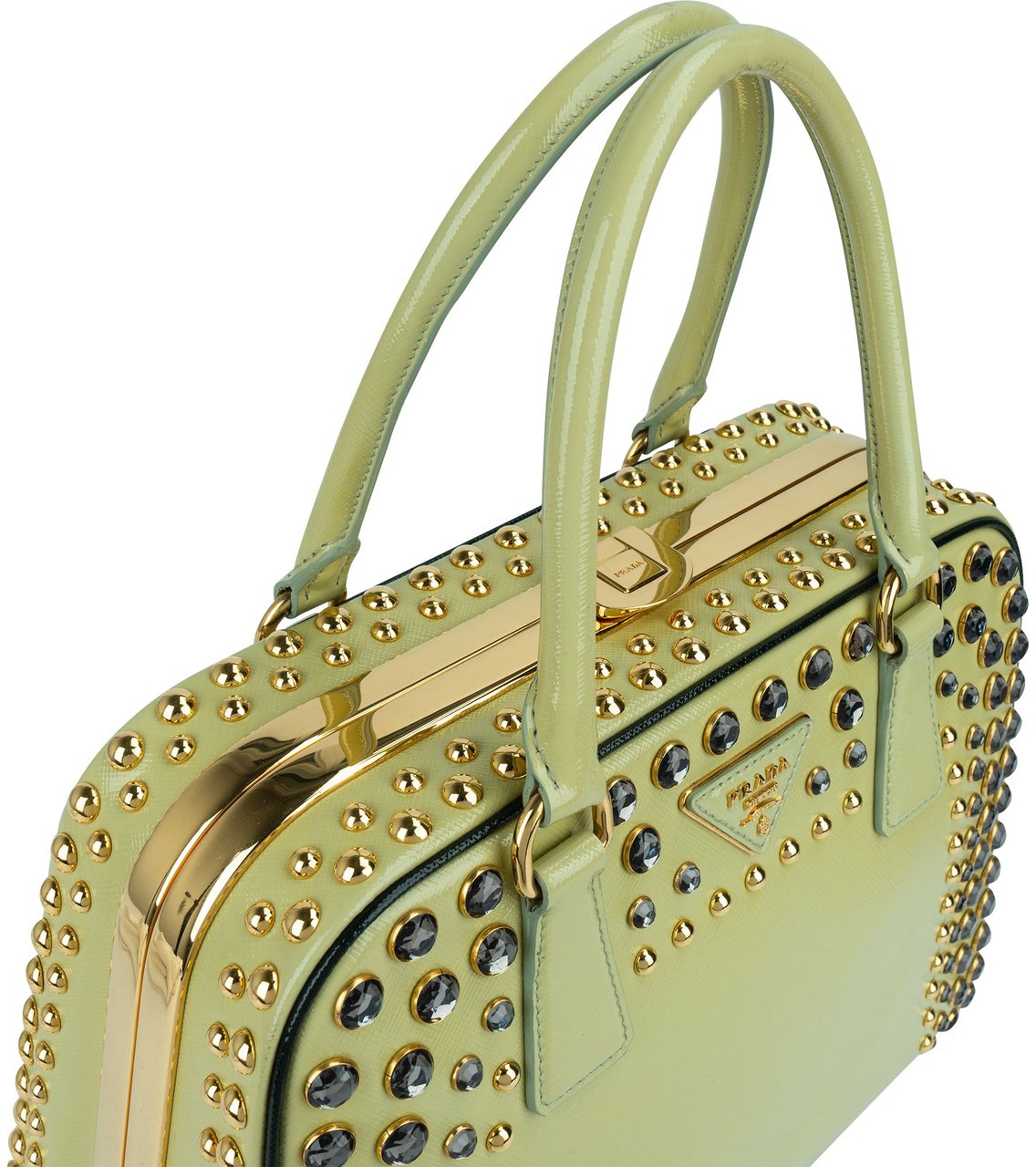 Prada Saffiano Vernic Leather Pyramid Frame Crystal Studded Promenade Handbag Geel