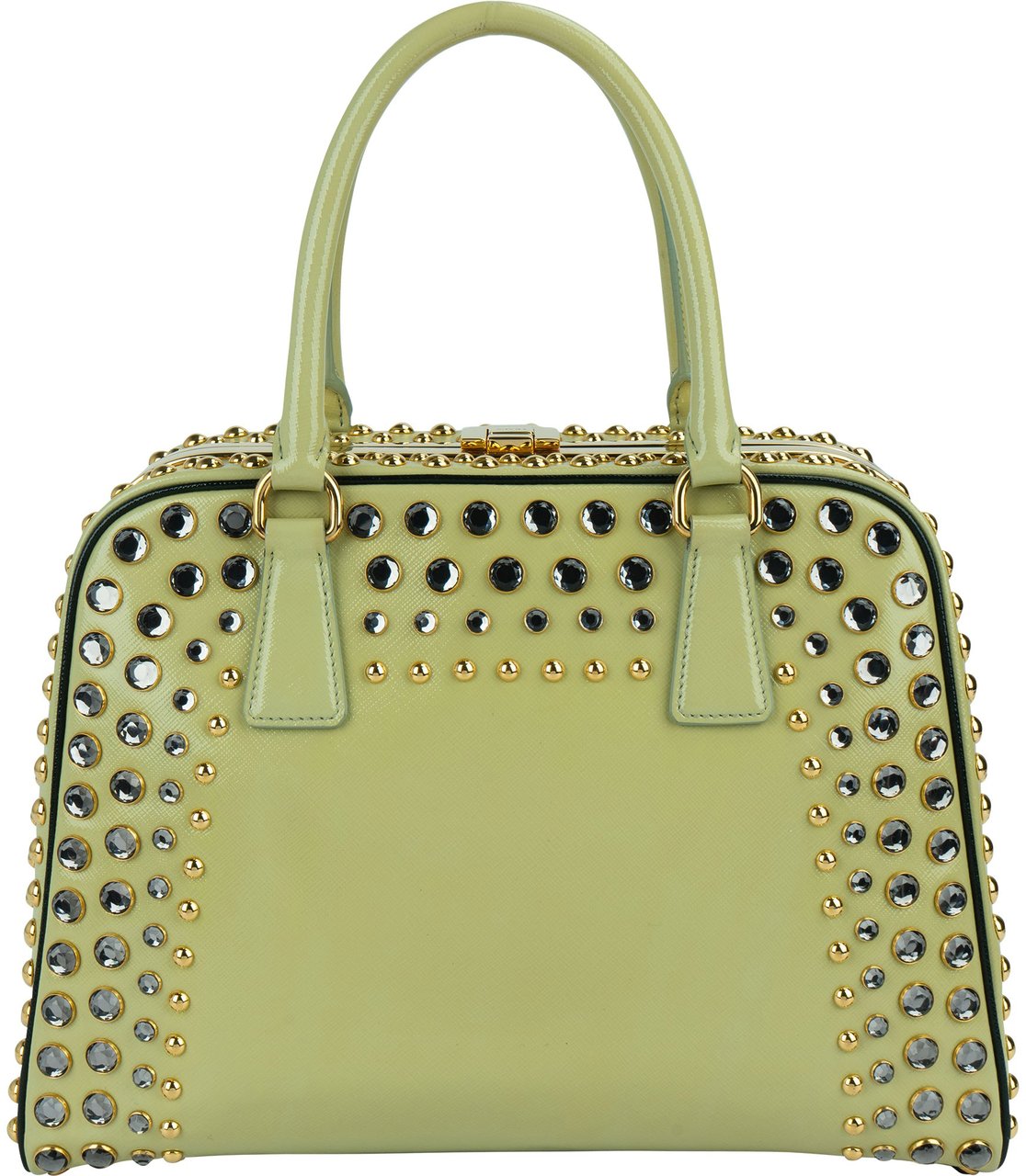 Prada Saffiano Vernic Leather Pyramid Frame Crystal Studded Promenade Handbag Geel
