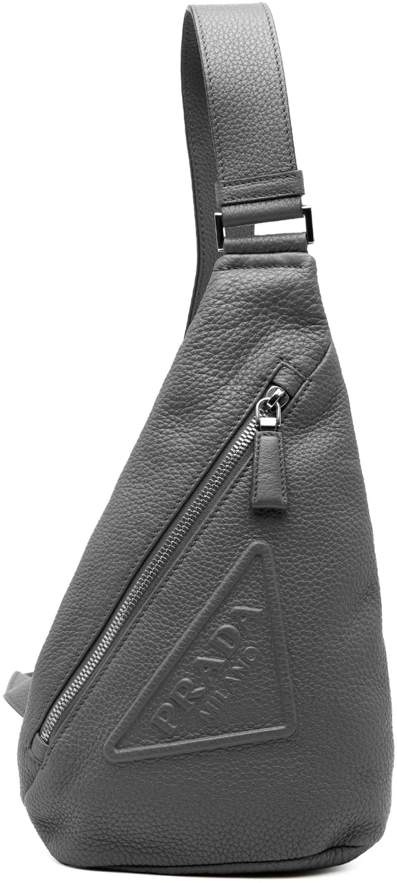Prada Vitello Daino Logo Embossed Sling Bag Grijs