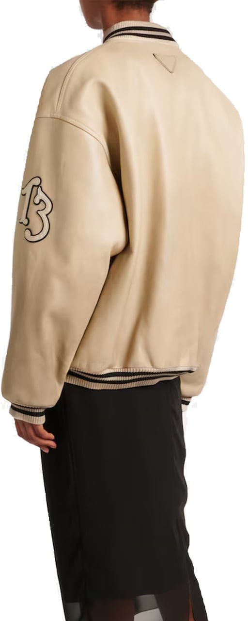 Prada Padded Leather Varsity Jacket Beige