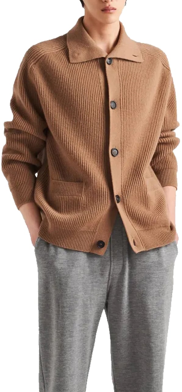 Prada Ribbed Knit Cashmere Cardigan Bruin