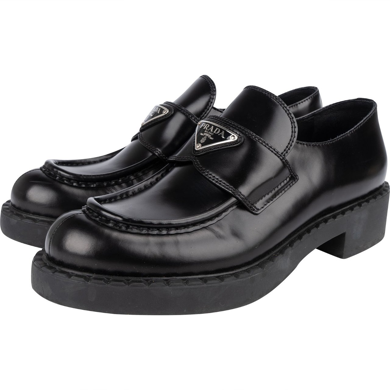 Prada Prada Black Brushed Leather Loafers (38) Zwart