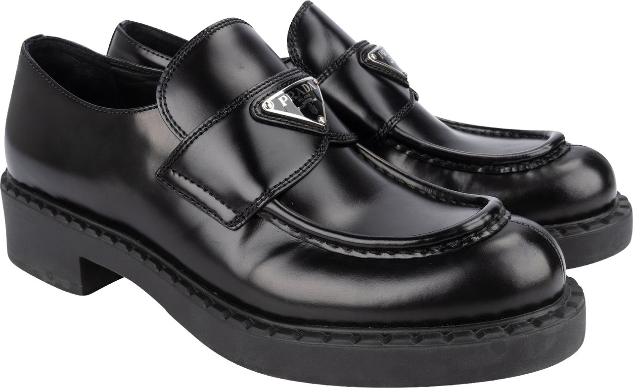 Prada Prada Black Brushed Leather Loafers (38) Zwart